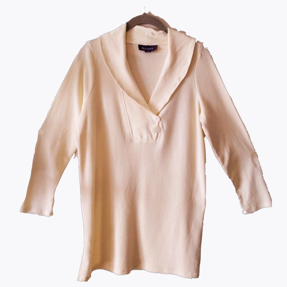 ROAMAN'S Thermal Shawl Collar Button Detail Long Sleeve Cream Tunic